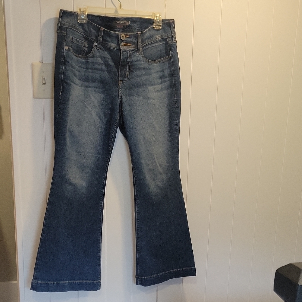 Torrid Blue Flare Wide Leg Jeans with Distressed Details